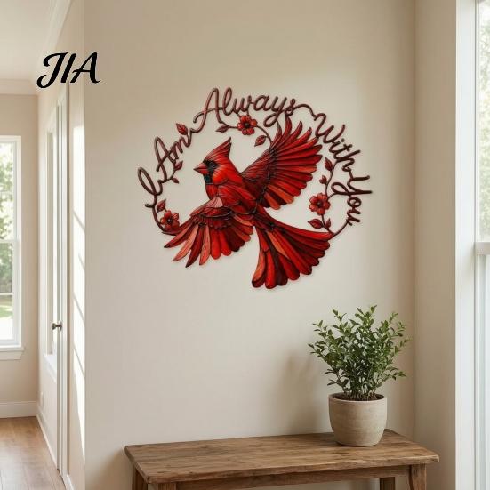 Indoor Wall Art Metal Red Bird Decoration, Hollow Sculpture, Decor Shape Hanging Ornament for Living Room Home Office
