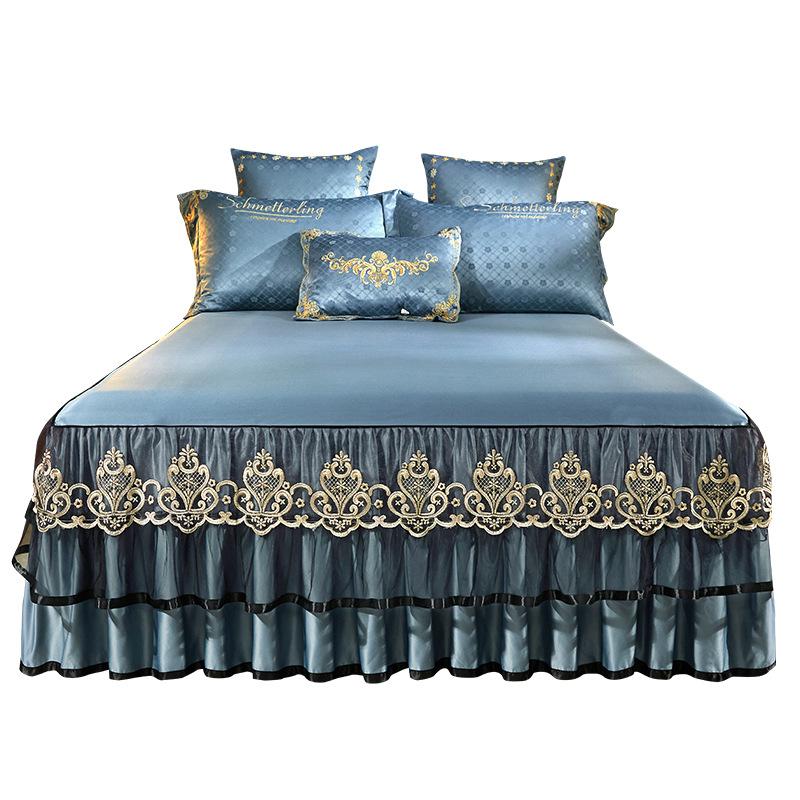 Luxury European Style Bedspread Lace Bed Skirt Solid Color Embroidery Thickened Protective Cover Queen King Size Bed Sheet Set