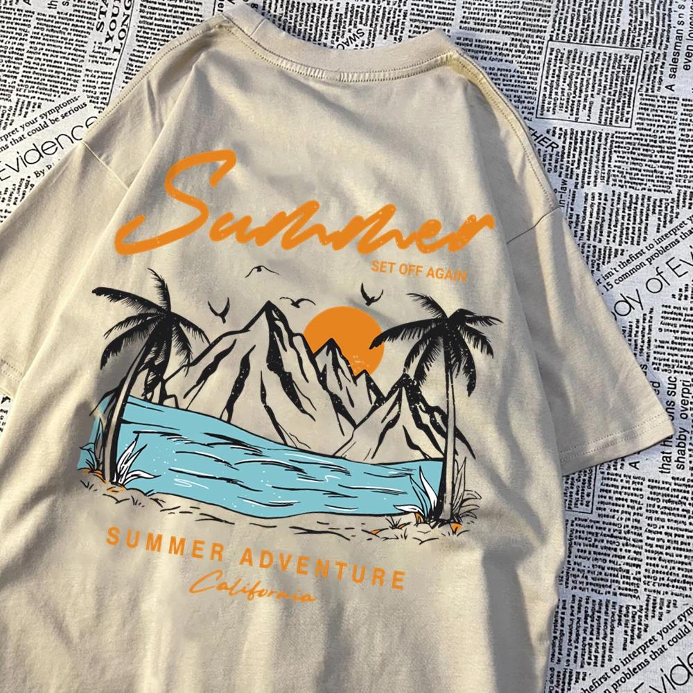 Летнее приключение Закат Кокосовая пальма Горная живописная местность Футболка Мужская Женская Хип-хоп Хлопковые топы Пара Оверсайз Футболки Пара