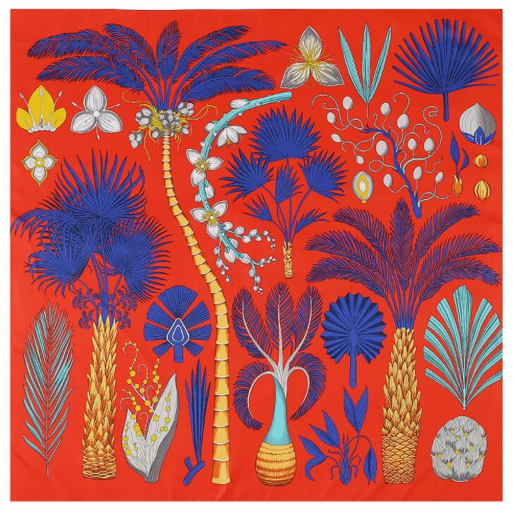 New Luxury Brand Design Sago Cycas Palm Tree Winter Square Scarf 130cm Twill Silk Scarf Women Kerchief Scarves For Ladies