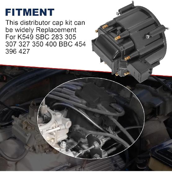 HEI Distributor Cap and Rotor Replacement For K549 SBC 283 305 307 327 350 400 BBC 454 396 427 Black Male Large Distributor Cap Rotor Kit