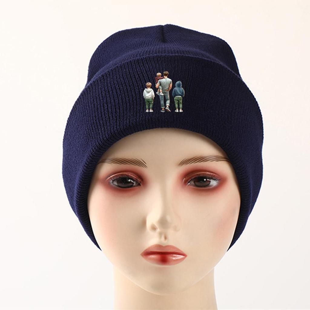 Father Family Back View Warm Knit Hat Beanie, Skull Cap Stretchable Stretchy Solid Color Bonnet Knit Cap Beanie