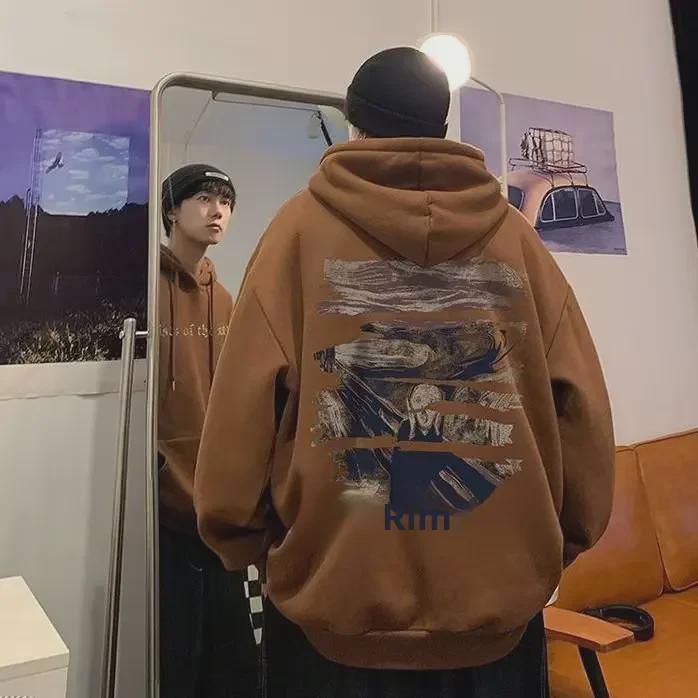 "Trendy Men's American-Style Hooded Sweatshirt - Autumn/Winter Velvet, Loose Fit, Casual Jacket for Teens"