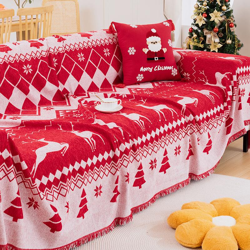 Рождественский красный чехол для дивана с кисточкой, диванное полотенце, можно стирать в машине, праздничная тема, чехол для дивана с красной решеткой для декора гостиной