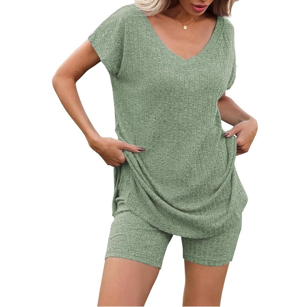 Женский летний комплект из двух частей с шортами, трикотажный домашний спортивный костюм с V-образным вырезом