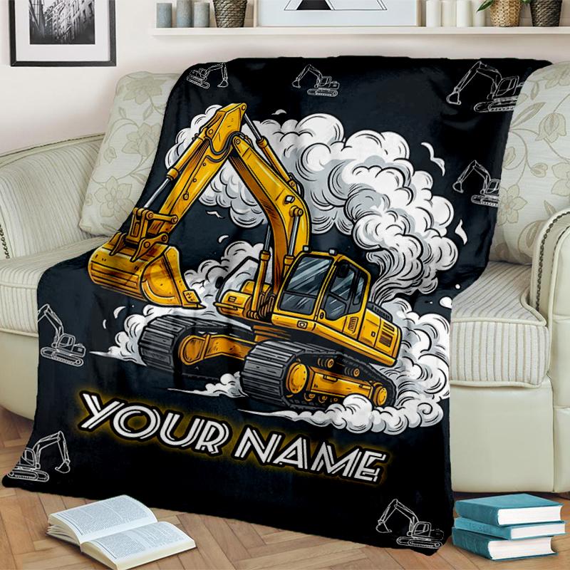1PC Custom Name Excavator Dreams flannel blanket versatile,all-season throw suitable for the living room,bedroom,camping,travel,and gift