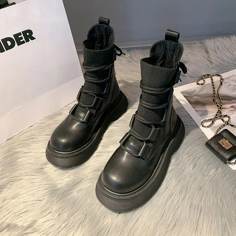 2024 Модные женские ботильоны осень-зима эластичные вязаные короткие ботинки с толстой подошвой и внутренним увеличением женские мотоциклетные ботинки