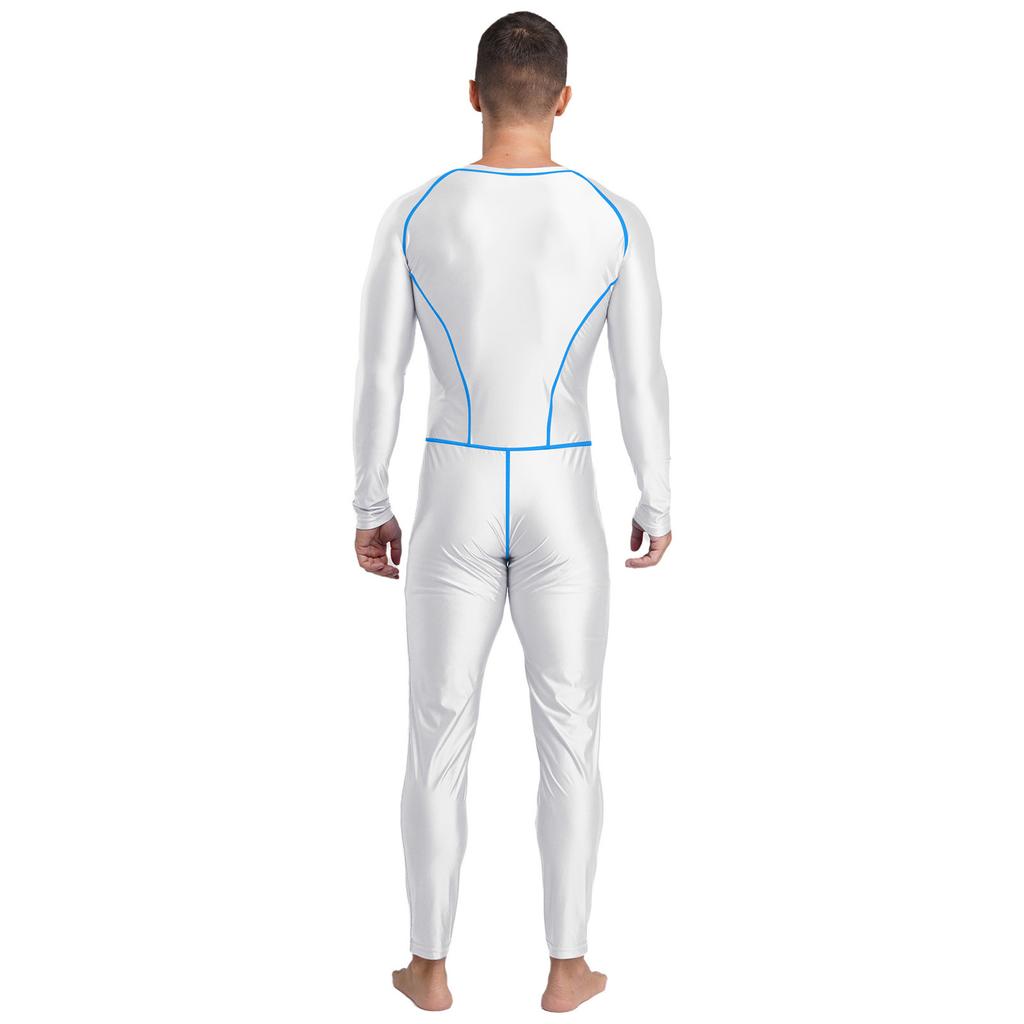 Мужской блестящий компрессионный комбинезон облегающего кроя с внешними плоскими швами, на молнии спереди, с длинными рукавами и длинными штанами, ромпер для йоги