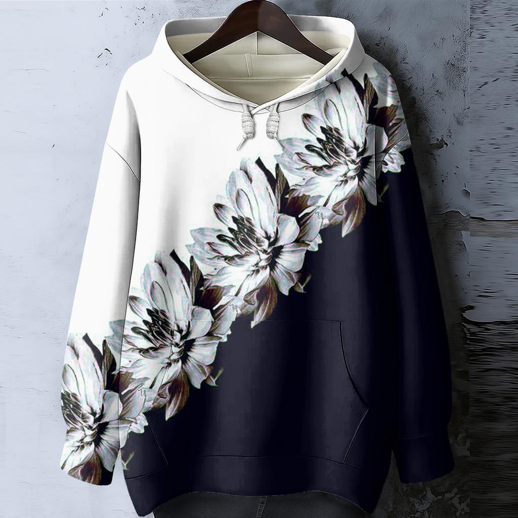 Women's Floral Print Loose Casual Long Sleeved Hooded Sweatshirt