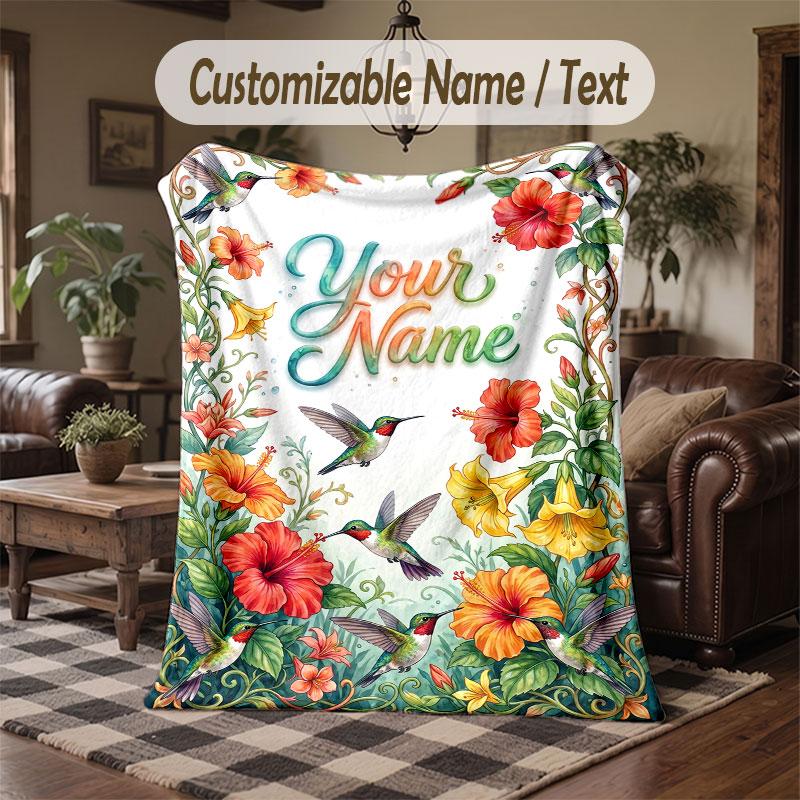 Birds Theme Throw Blanket Custom Name Text Personalized Blanket Soft Cozy Blanket for Home Sofa Bed