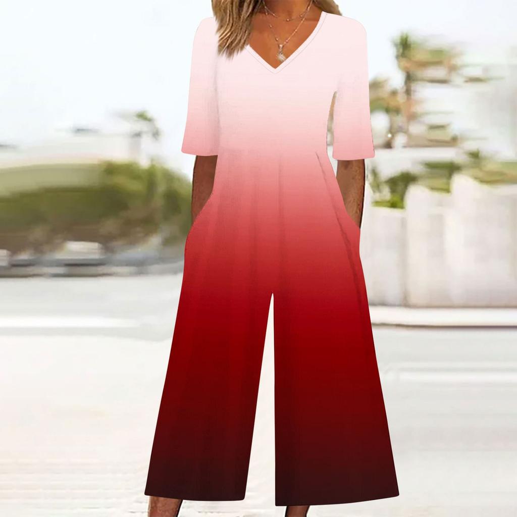 Женский свободный повседневный комбинезон с V-образным вырезом и градиентным принтом, приталенный, с широкими штанинами