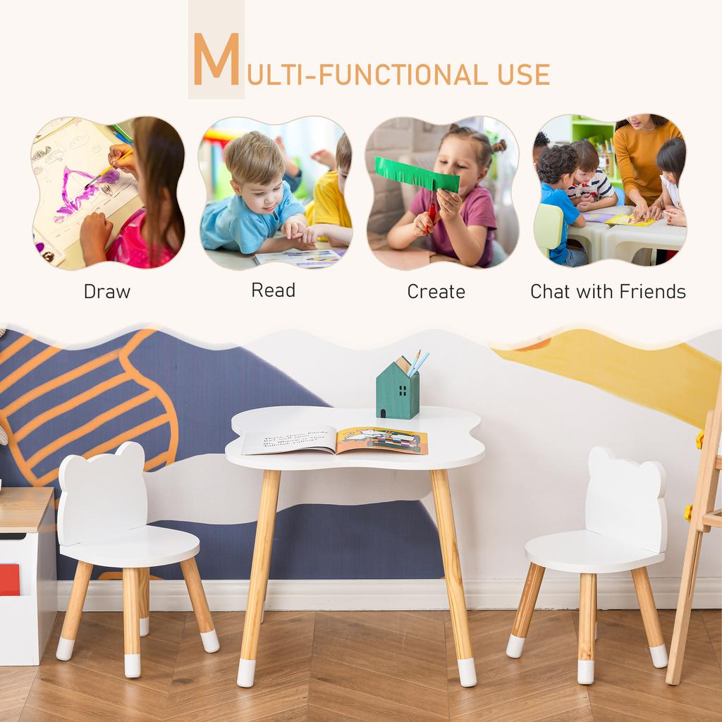 3 Piece Kids Table And Chair Set With 2 Bear Shaped Chairs For Ages 1 4 Years White