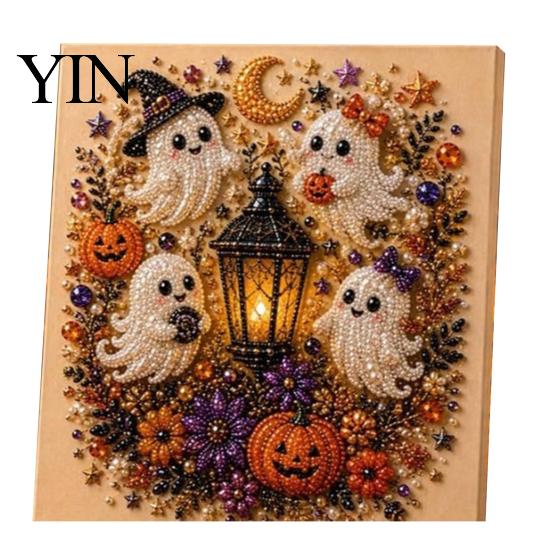 Sparkling Faux Pearl Mosaic Picture Halloween Painting Kit, Cute Ghost 3D Art DIY Relaxing Craft Projects for After Work Kit Adults, Christmas