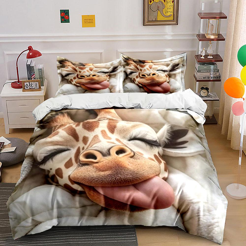 Cute Smiling Giraffe Bedding Set 3pcs, Funny Animal Tongue Print Duvet Cover, Ultra-Soft Cartoon Bed Linen for Kids & Adults