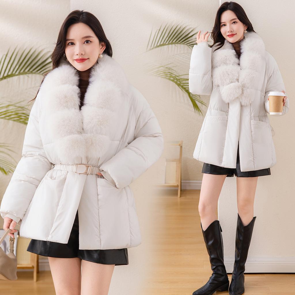 Autumn and winter new European products waist thin big fur collar cotton clothes women's medium and long styles with belts women's display cotto