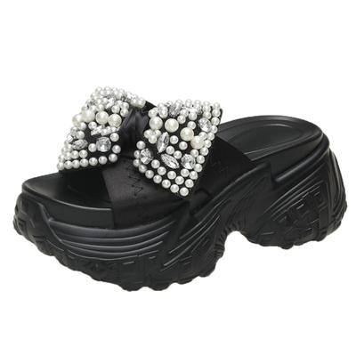 Модные 8 см блестящие стразы высокие тапочки на платформе женские каблуки-бабочки толстые босоножки женские летние толстые подошвы танкетки шлепанцы