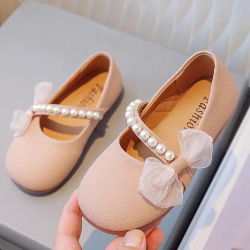 Girl Princess Leather Shoes Chic Versatile Soft Elegant Fashion Lace Bowknot Beading Kid Loafers Wedding Slip-on Mary Janes