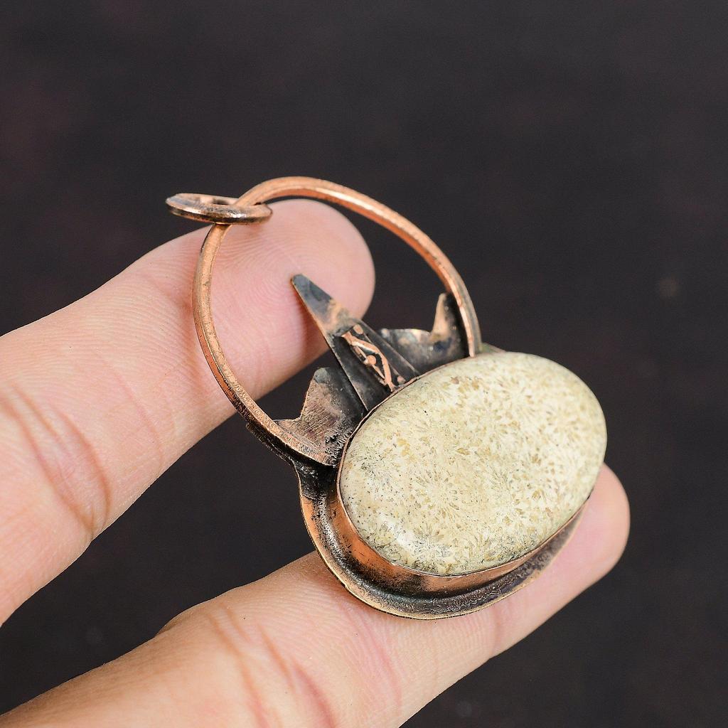 Подвеска из ископаемого коралла, медная подвеска, подвеска из драгоценного камня, ювелирные изделия ручной работы, новейший дизайн, подвеска из меди, подарок для него, ювелирные изделия из ископаемого коралла