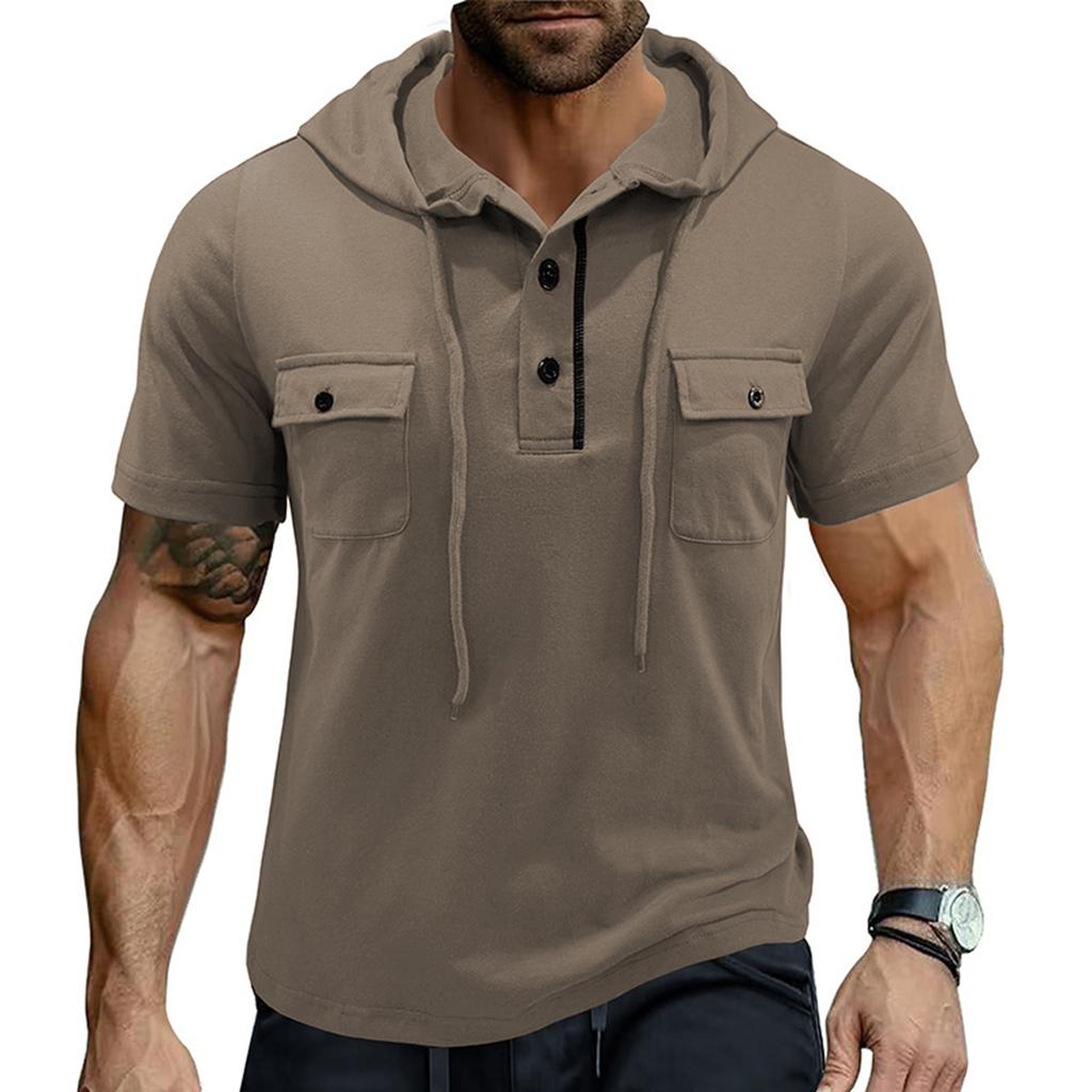 Мужская летняя рубашка с капюшоном, повседневная, однотонная, на 1-3 пуговицах, с коротким рукавом, худи, топы для пляжного отдыха, уличная одежда
