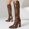 Sexy Leopard High Boots For Women Shoes 2025 Point Toe Block High Heels Women's Knee High Boots Long Party Footwear Shoes Lady