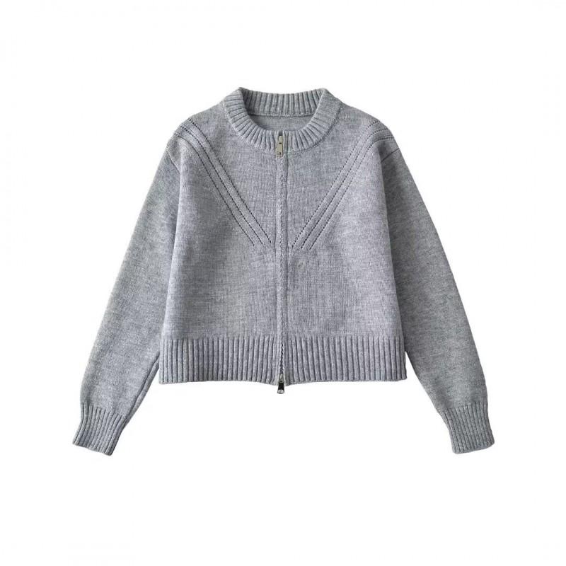 Womens Short Cropped Knit Cardigan With Zipper Round Neck Casual Streetwear Sweater