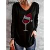 Plus Size Spring Autumn Women's Blouse Casual Personalised Printed Christmas V-Neck Long Sleeve Top