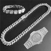 12mm Tennis Necklace +baguette Watch+bracelet Combo Sets Hip Hop Chain Iced Out Bling Paved Rhinestones For Men Women Jewelry
