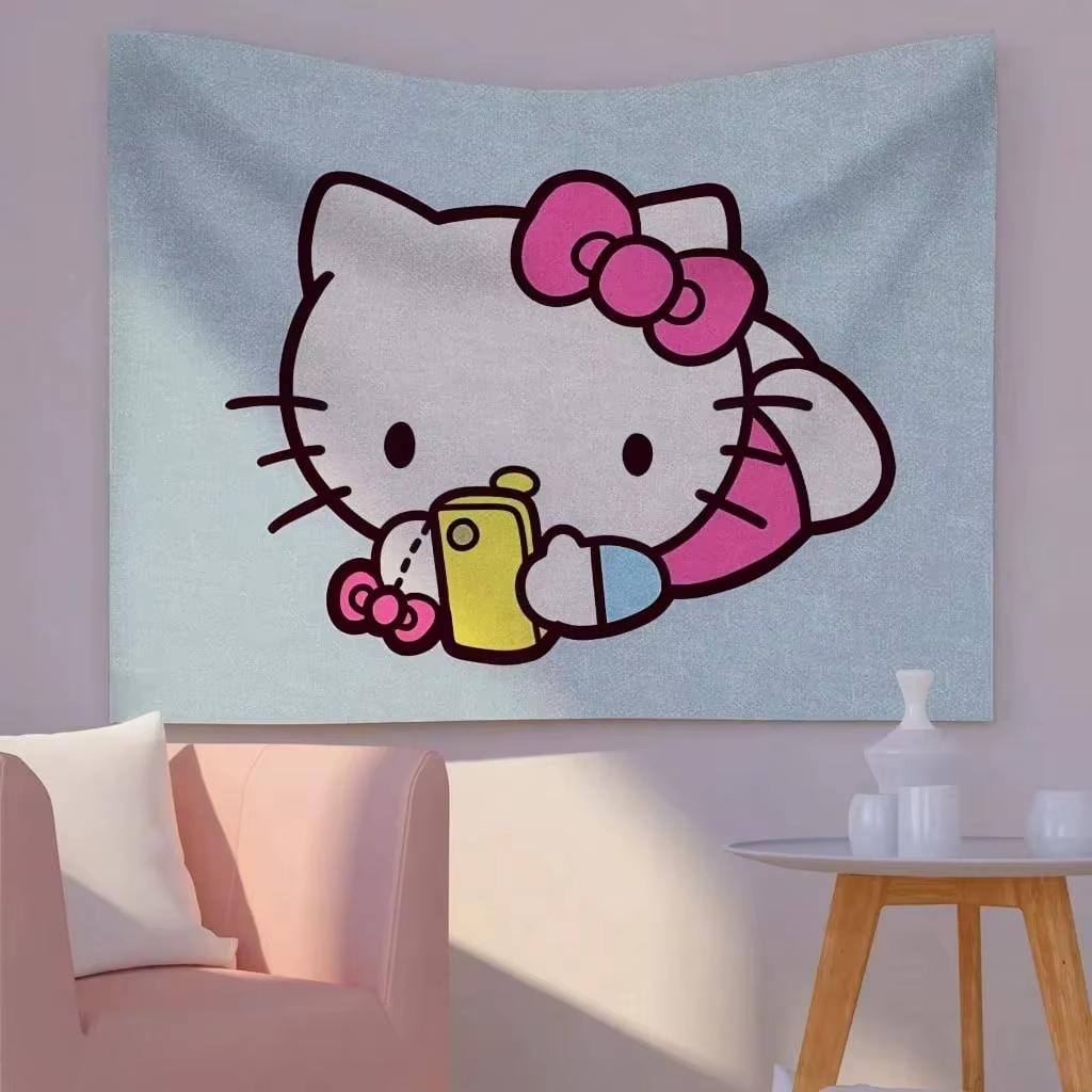 Sanrio Hello Kitty pink floral tapestry modern wall decoration for living room and bedroom a gift for Kitty fans