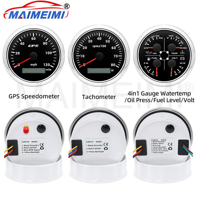 4 in 1 multifunctional Car Gauge +120MPH GPS Speedometer +8000rpm Tachometer with 7-color backlight For Car Boat 12v/24v