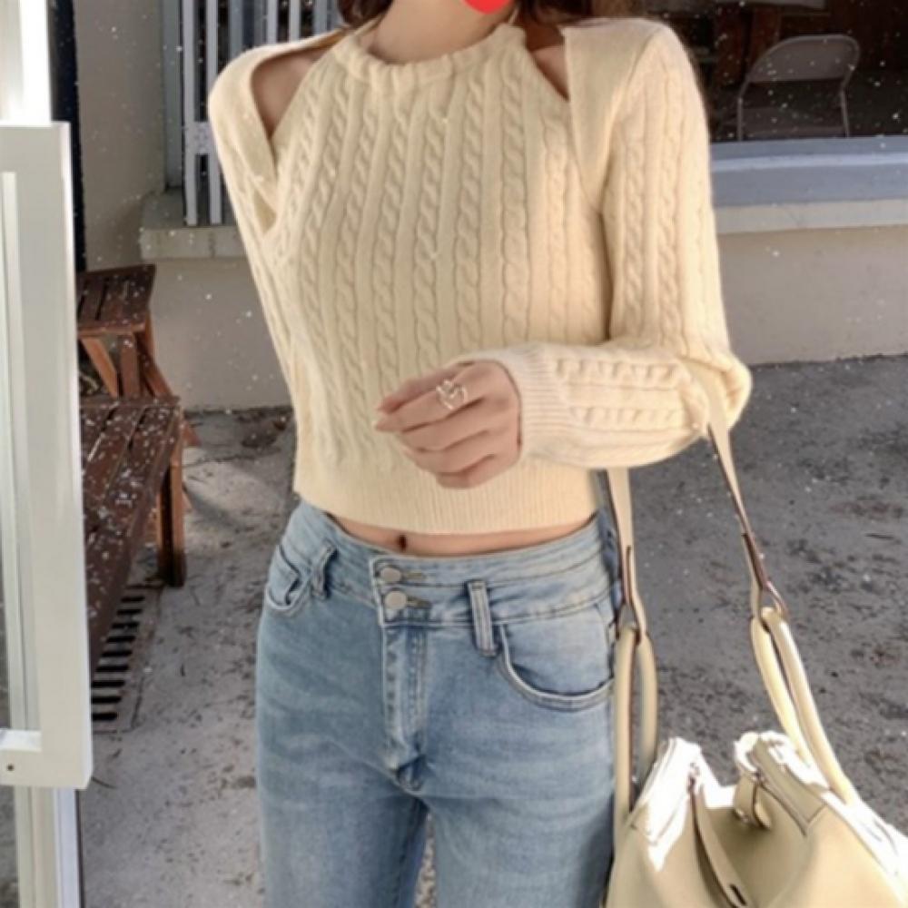 New Arrivals Open Run Women Halterneck Cable Knit Slim Crop Long Sleeve Sweater