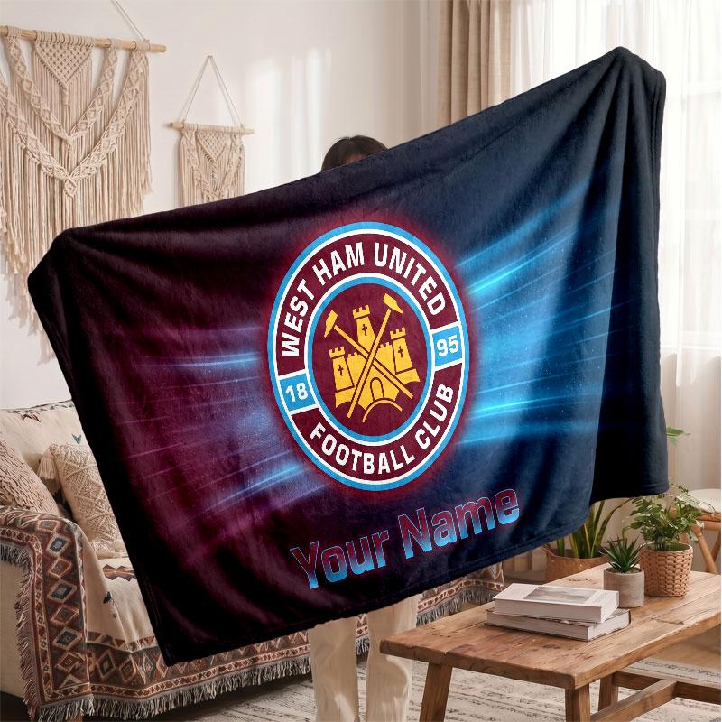 West Ham United football Personalized Fleece Blanket With Football Logo, Custom Name Text Soft Warm Home Throw Blanket