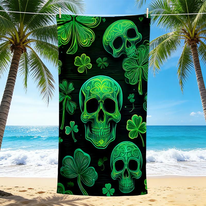 1Pc Green Skulls Shamrocks Beach Towel Quick Dry Multiuse For Beach Pool Gym Yoga Home Travel Christmas Halloween Xmas Gift G1237