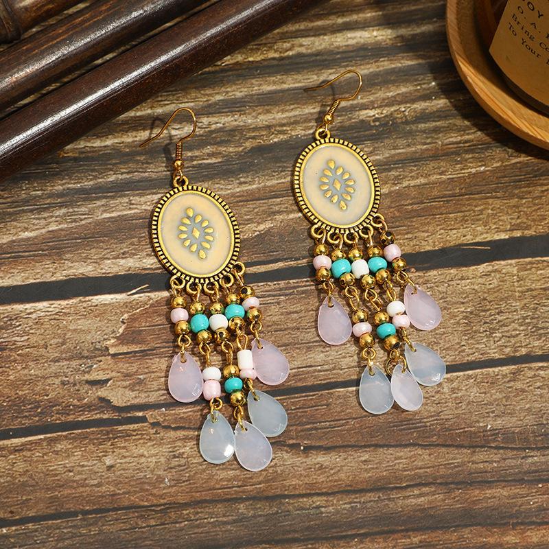 Bohemian Earrings, Water Drop Resin Dripping Oil, Retro Earrings, Fringed Personality, Niche Travel Pendant.