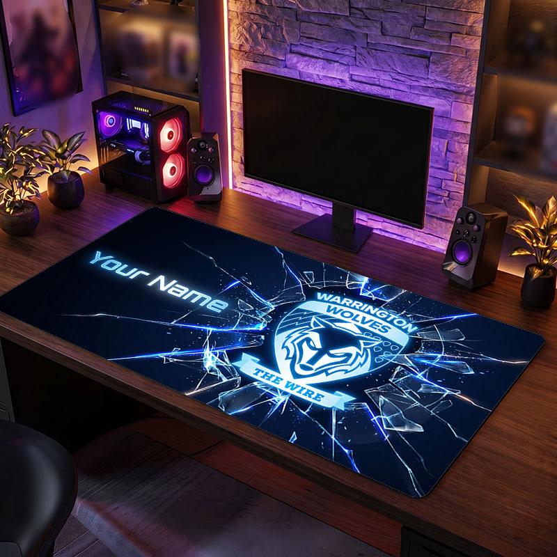 Warrington Wolves FC Custom Large Mouse Pad, Personalized Name Text Print, Football Logo Non‑Slip Desk Mat Gaming Gift