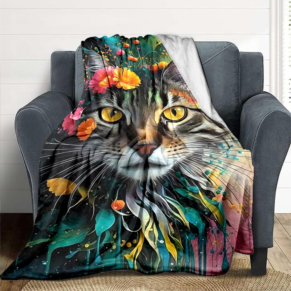 1pc Floral Cat Artwork Blanket Lightweight Blanket Throw Blanket For Sofa, Bed, Travel, Camping, Livingroom, Office, Couch, Chair yy251010083