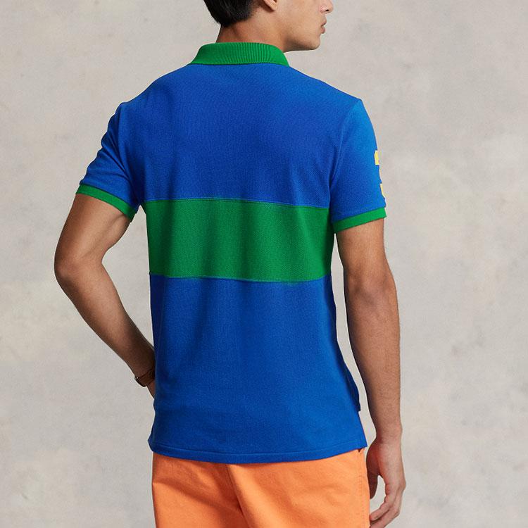 Polo Ralph Lauren Ss23 Широкая полосатая хлопковая рубашка поло с коротким рукавом с логотипом для мужчин, сине-зеленая MNPOKNI1N822155-401