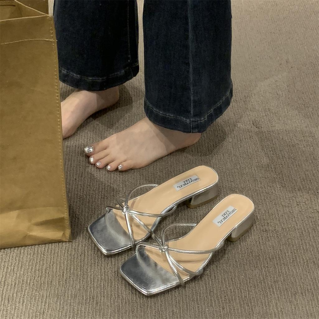 French Evening Breeze Sandals Outside Women's Shoes Spring and Summer 2024 New Silver Square Head with Skirt Thick Heel Sandals