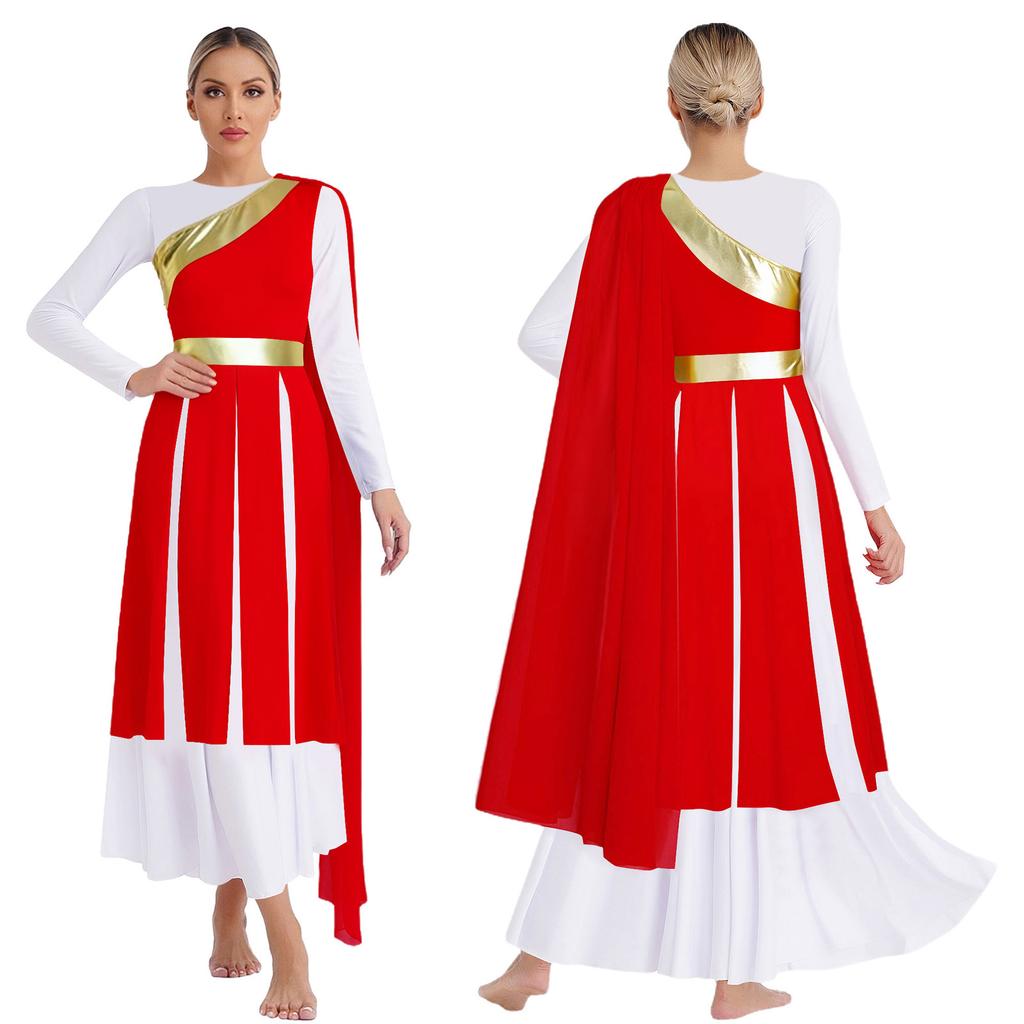 S-XXL Lyrical Worship Dance Dress One Shoulder Sleeveless Metallic Shiny Patchwork Slit Hem Tunic with Drape for Stage