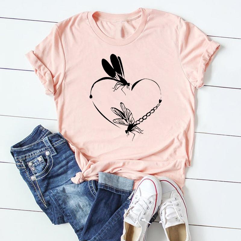(Азиатский размер) Женская футболка с короткими рукавами и принтом стрекозы и одуванчика, летняя модная футболка, женская одежда, повседневная футболка с графическим рисунком
