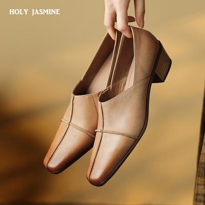2024 Новые весенние/осенние женские туфли-лодочки из натуральной кожи для женщин, женские туфли с квадратным носком и толстым каблуком, элегантные туфли на среднем каблуке