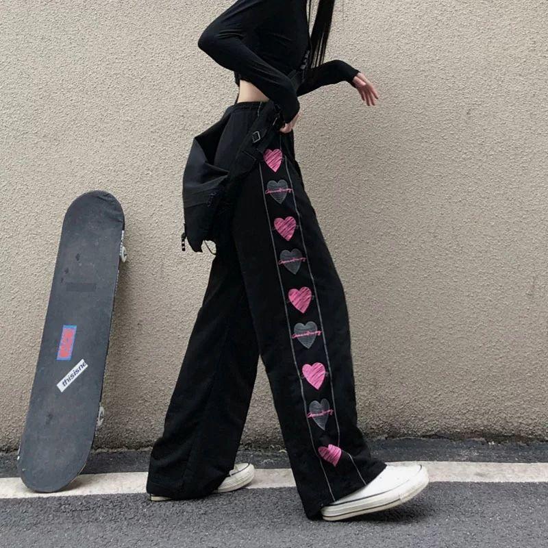 Женские брюки в стиле хиппи Харадзюку Y2k с принтом в виде сердечек Streetwear Женские широкие штаны-джоггеры Корейская мода