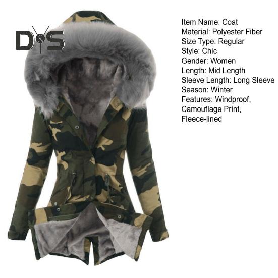 Women Winter Down Coat Faux Fur Fleece-lined Zip-up Press Button Closure Windproof Mid Length Jacket Camouflage Print Slim Fit Outerwear