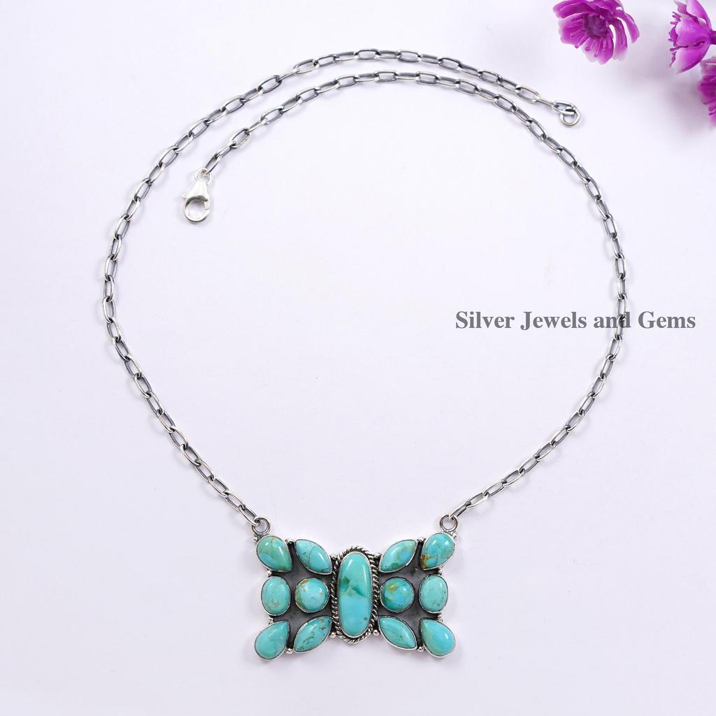 Natural Turquoise Bow Necklace, Handmade Paper Clip Chain Necklace, Wedding Necklace, 925 Sterling Silver Necklace