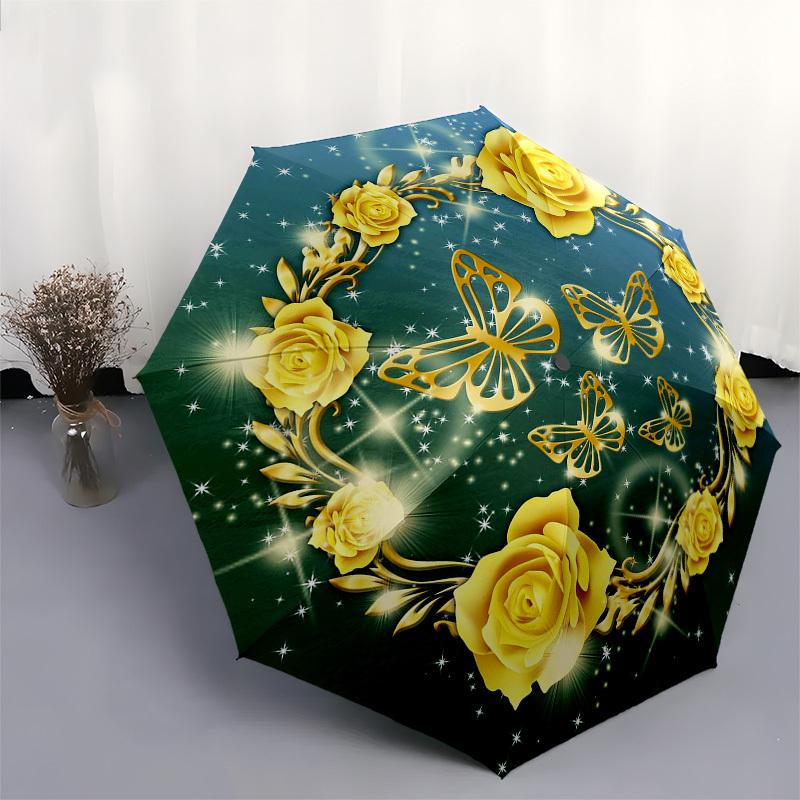 1pc Butterfly Roses Umbrella - Portable Folding Umbrella with Durable Iron Frame, 8 Ribs, Automatic Open, High-Quality Design