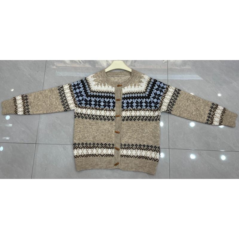 Womens Oversized Fair Isle Knit Cardigan Sweater With Button Front Round Neck Loose Fit Winter