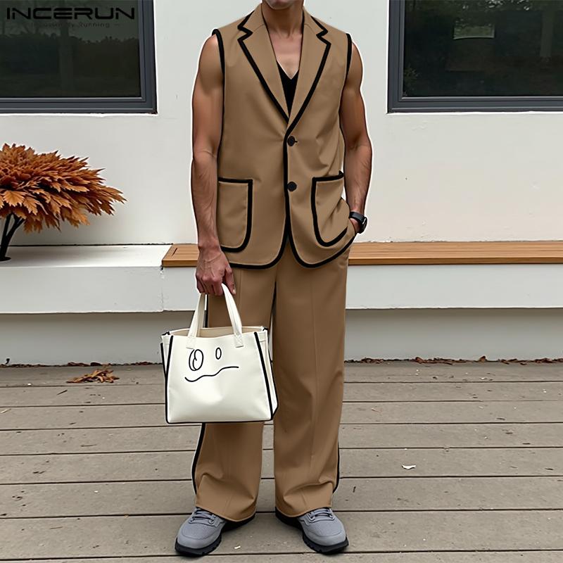 INCERUN Мужской стеганый безрукавный жилет на пуговицах и комплекты длинных прямых брюк