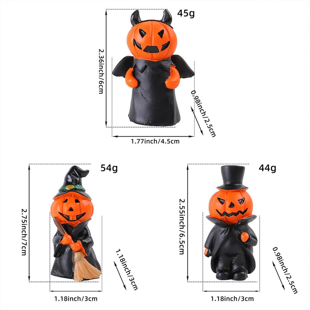 3pcs Halloween Pumpkin Decor Wizard Hat Devil Horns Miniature Resin Pumpkin Head Decoration for Table Home Bathroom