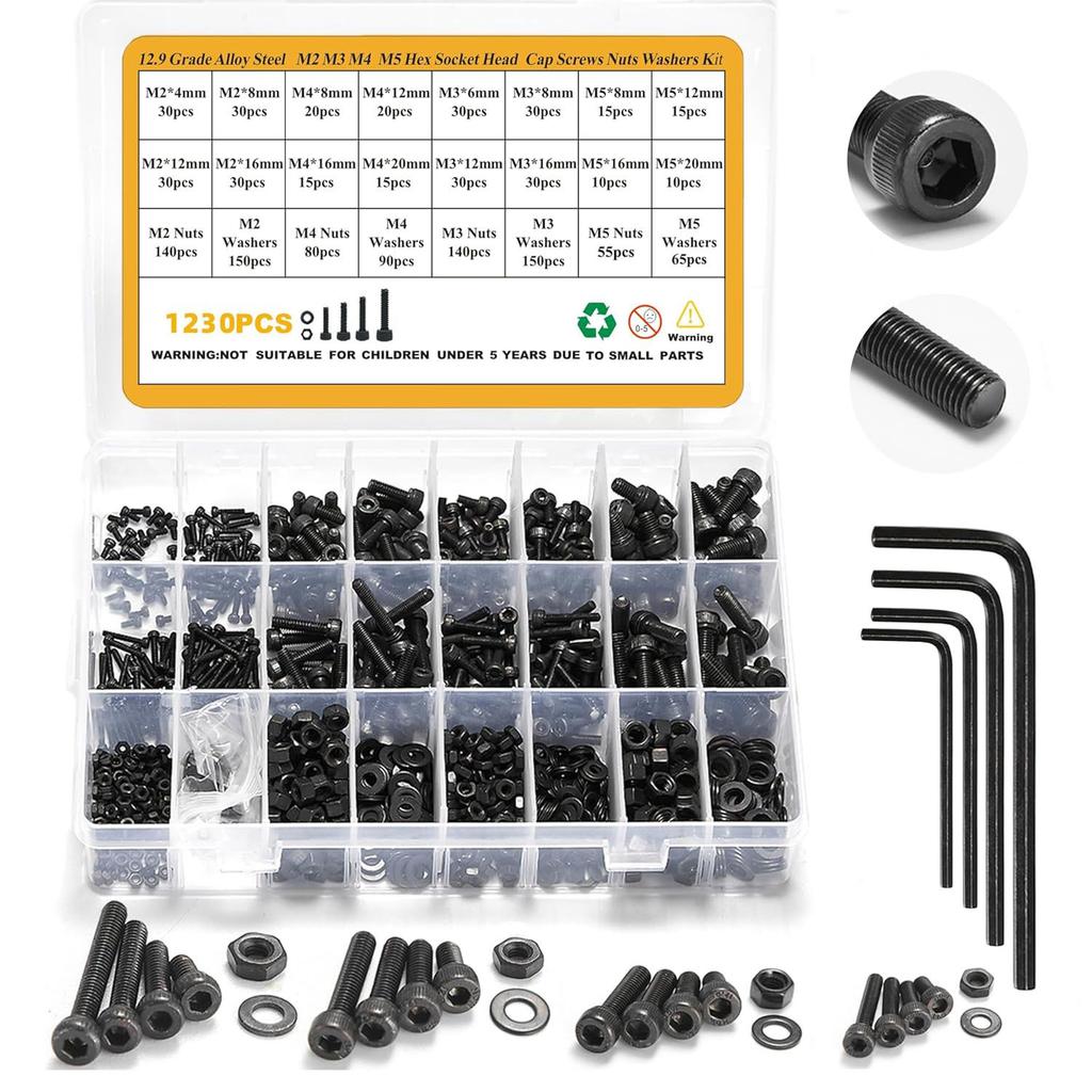 Набор винтов с шестигранной головкой, цилиндрической головкой, гаек и плоских шайб, в коробке M2M3M4M5, 1230 шт.