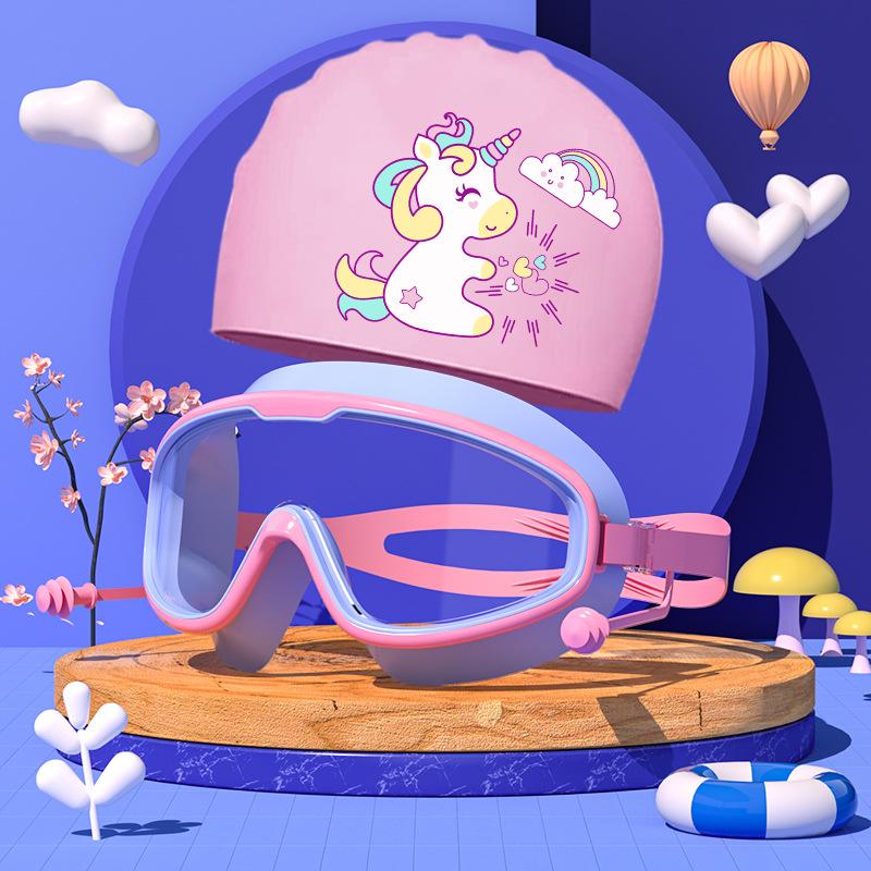 Комплект из очков и шапочек для плавания, детские очки с большой оправой, водонепроницаемые, противотуманные, для мальчиков и девочек, плавательные очки с рисунком, шапочка для купания