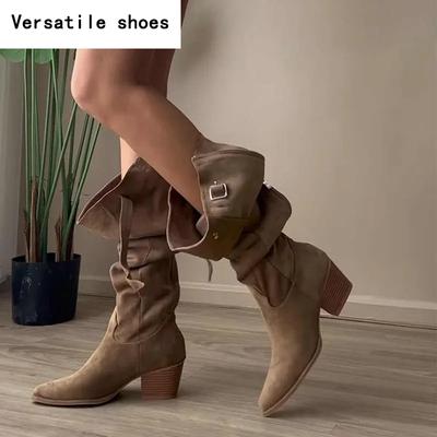 Женские сапоги до колена в ковбойском стиле, модные туфли с острым носком, осень-зима, на толстом каблуке, женские, лаконичные, длинные, рыцарские, Botas De Mujer